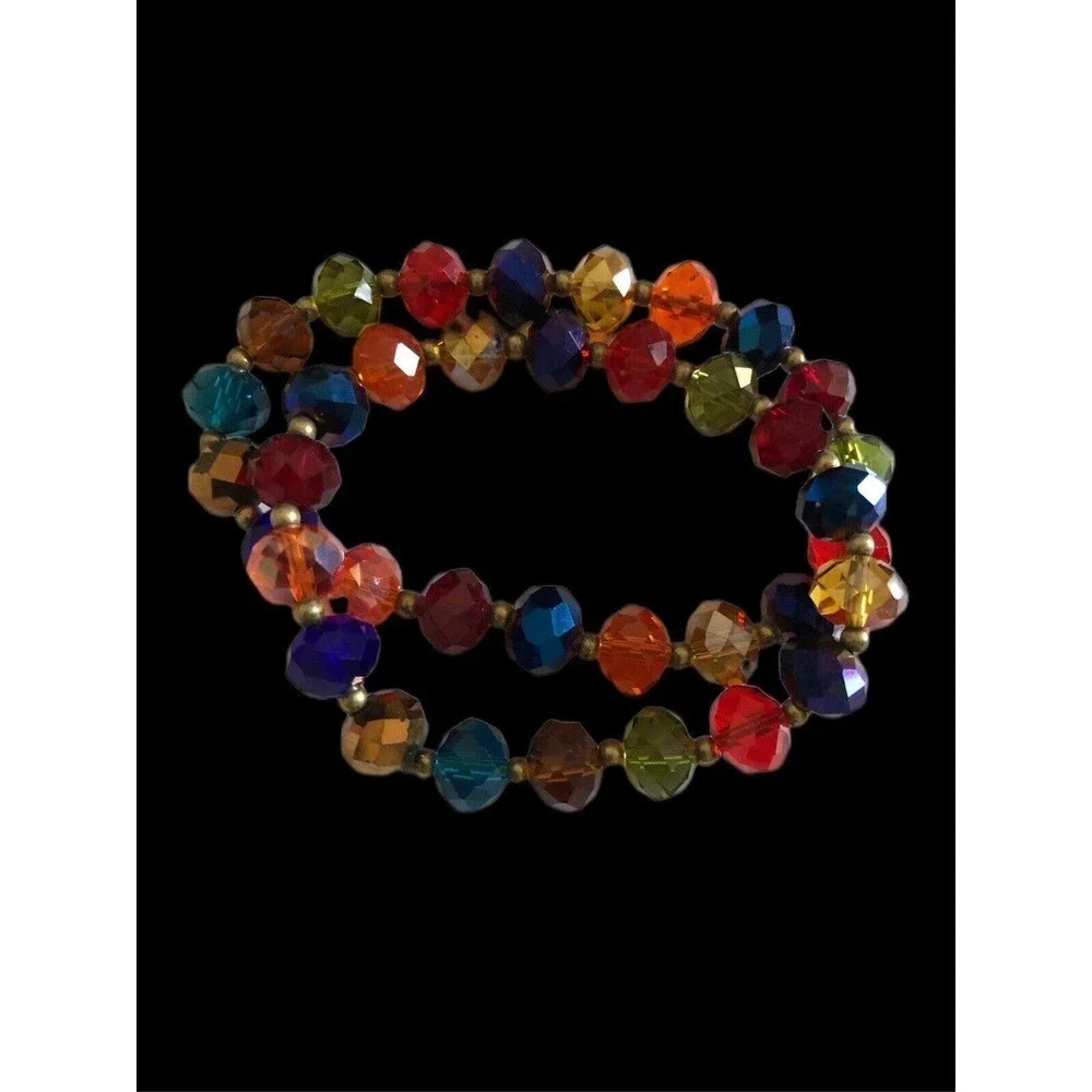 Set Of 2 Faceted Resin Crystal Beaded Stretch Bracelet Multi-Colors Jewelry